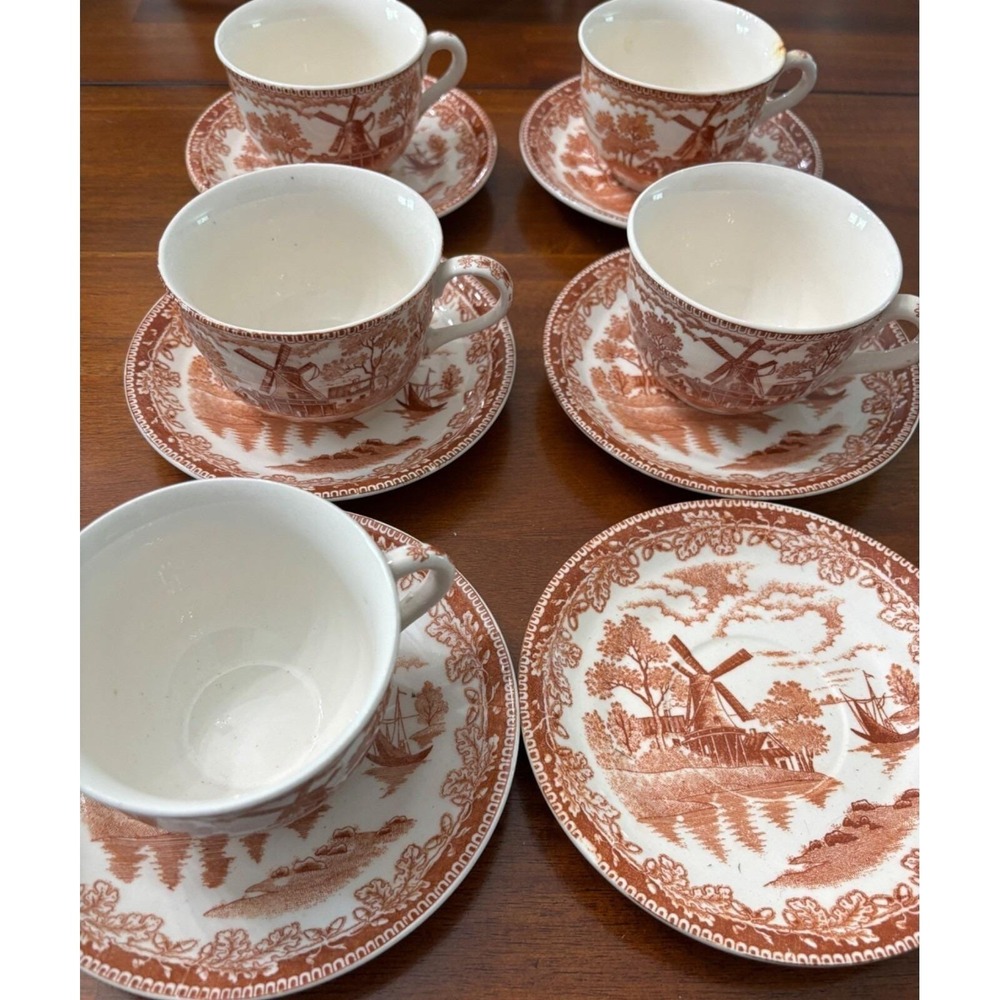 Vtg Set  Brown White Transferware Cups Saucers Windmill Sailboat Scene Japan